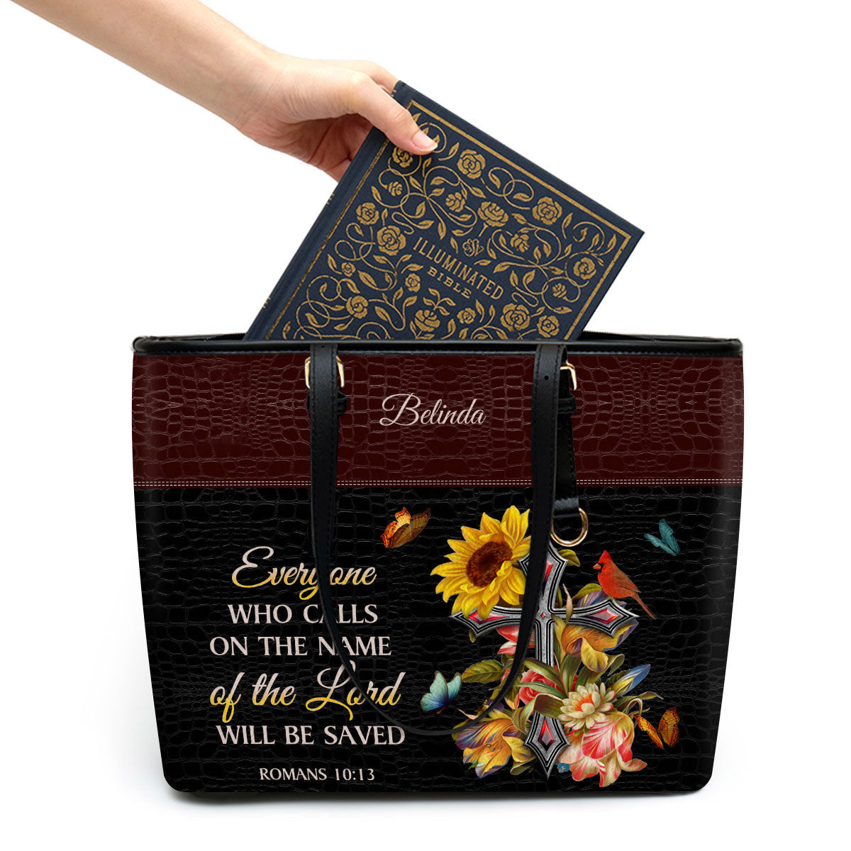Everyone Who Calls On The Name Of The Lord Will Be Saved Personalized Large Leather Tote Bag - Christian Gifts For Women