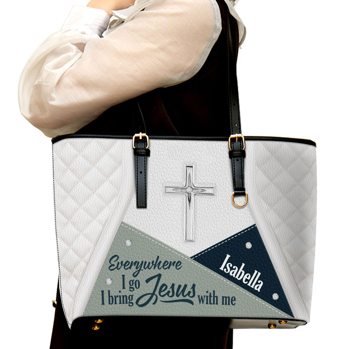 Everywhere I Go I Bring Jesus With Me Personalized Large Leather Tote Bag - Christian Gifts For Women