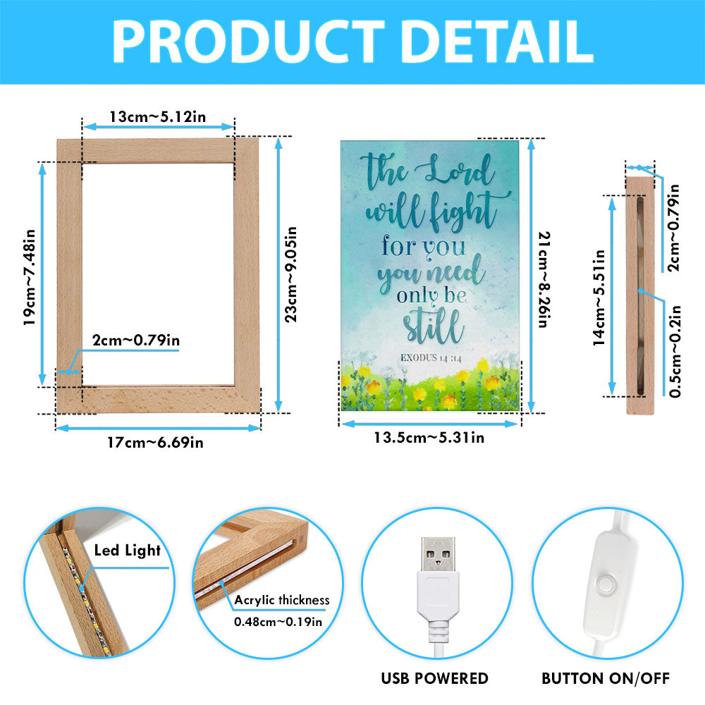 Exodus 1414 The Lord Will Fight For You Christian Frame Lamp Prints - Bible Verse Wooden Lamp - Scripture Night Light