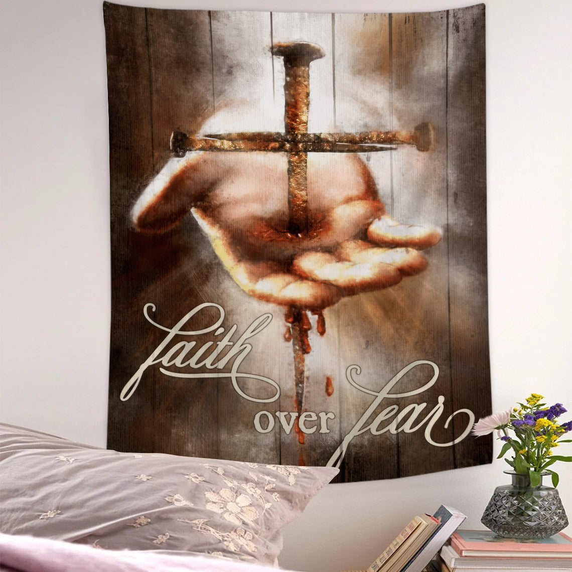 Faith Over Fear - Jesus Tapestry - Religious Tapestry Wall Hangings - Bible Verse Wall Tapestry - Christian Tapestry - Ciaocustom