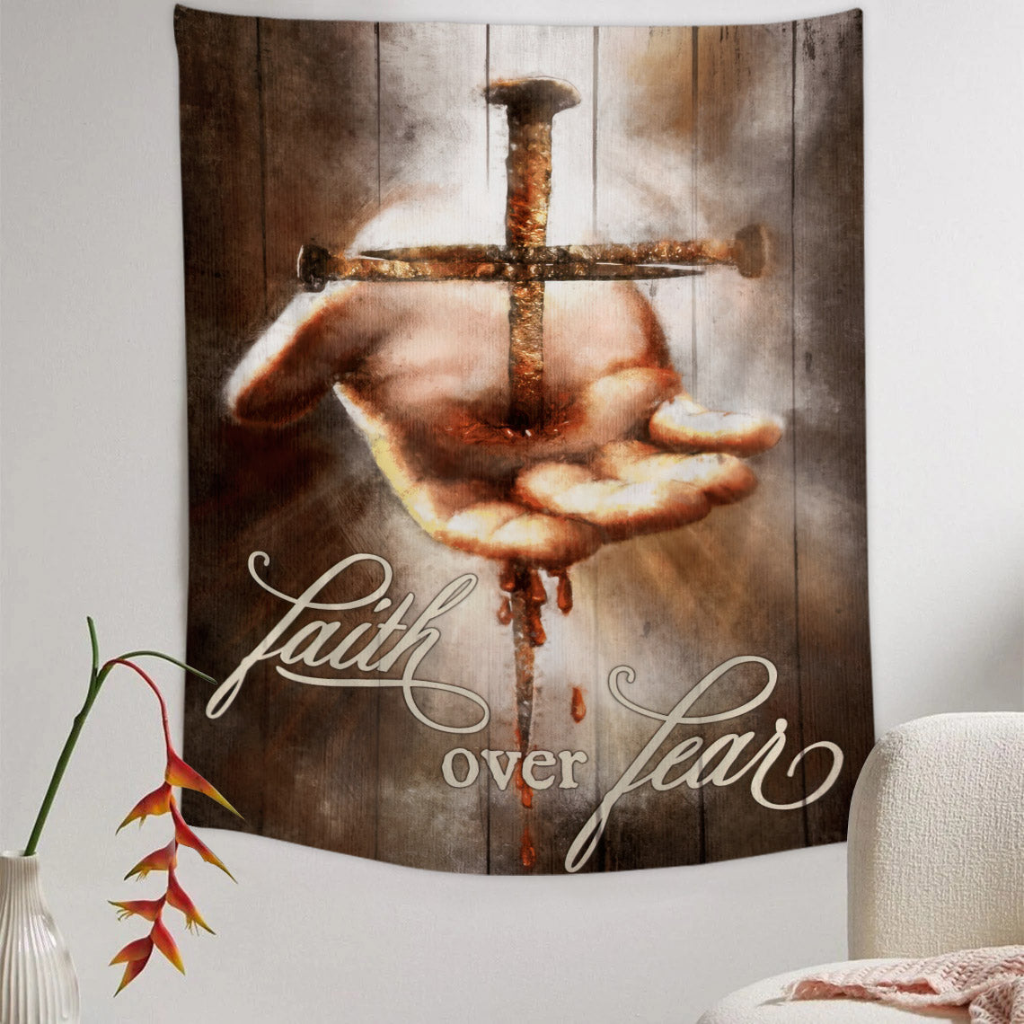 Faith Over Fear - Jesus Tapestry - Religious Tapestry Wall Hangings - Bible Verse Wall Tapestry - Christian Tapestry - Ciaocustom