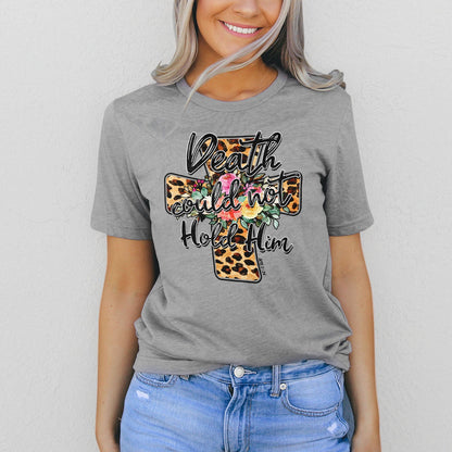 Death Could Not Hold Him Leopard Cross Floral Tee Shirts For Women - Christian Easter T Shirts