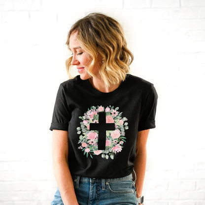 Floral Cross Silhouette Tee Shirts For Women - Christian Easter T Shirts