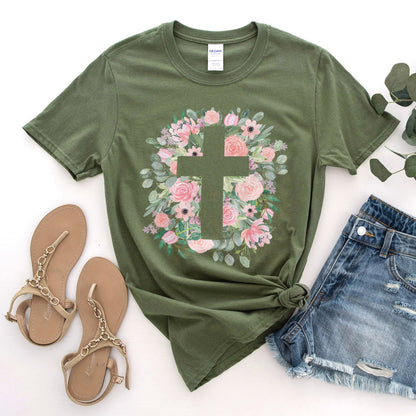 Floral Cross Silhouette Tee Shirts For Women - Christian Easter T Shirts