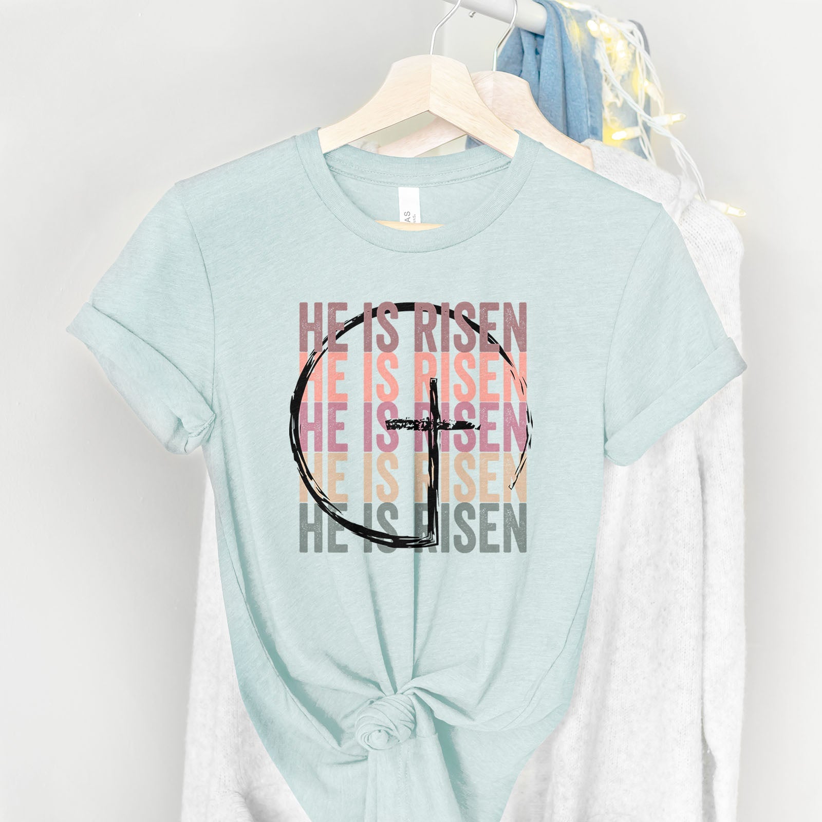 He Is Risen Stacked Easter Rainbow Tee Shirts For Women - Christian Easter T Shirts