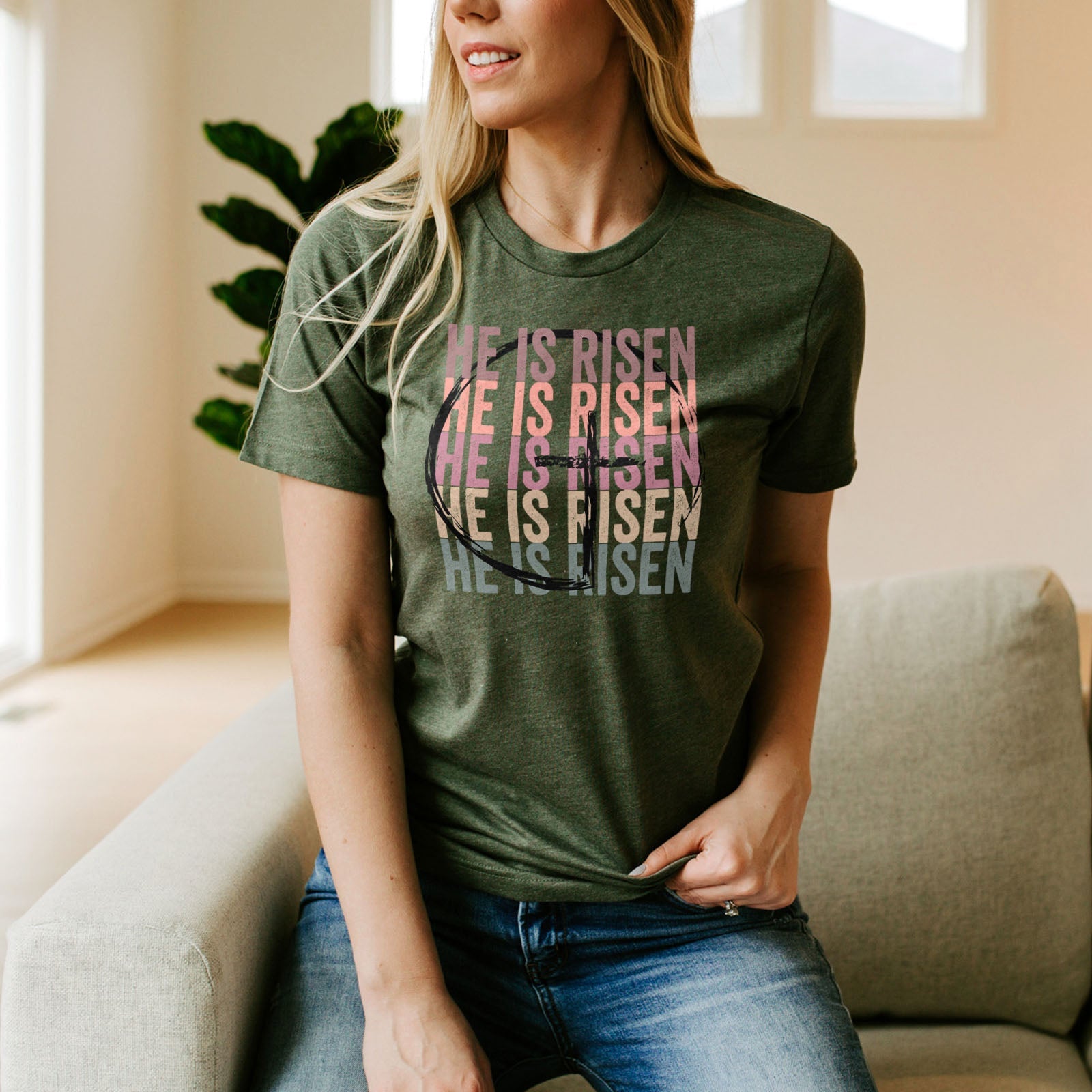 He Is Risen Stacked Easter Rainbow Tee Shirts For Women - Christian Easter T Shirts