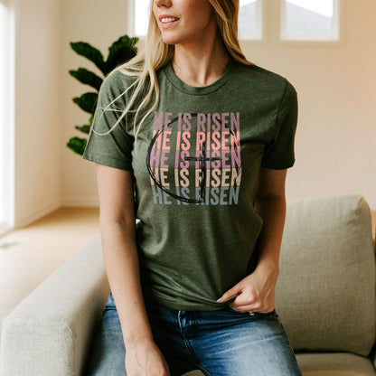 He Is Risen Stacked Easter Rainbow Tee Shirts For Women - Christian Easter T Shirts