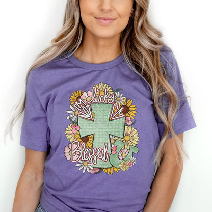 I'm Not Lucky I'm Blessed Floral Cross Tee Shirts For Women - Christian Shirts for Women - Religious Tee Shirts