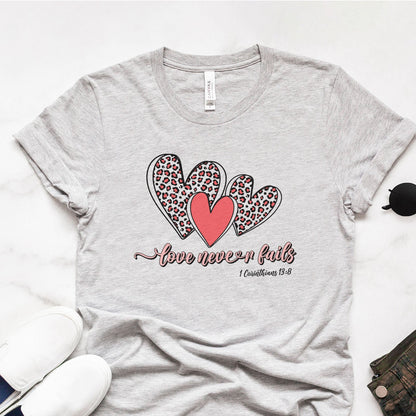 Love Never Fails Leopard Hearts Tee Shirts For Women - Christian Shirts for Women - Religious Tee Shirts