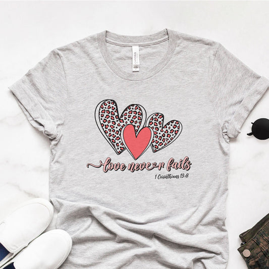 Love Never Fails Leopard Hearts Tee Shirts For Women - Christian Shirts for Women - Religious Tee Shirts