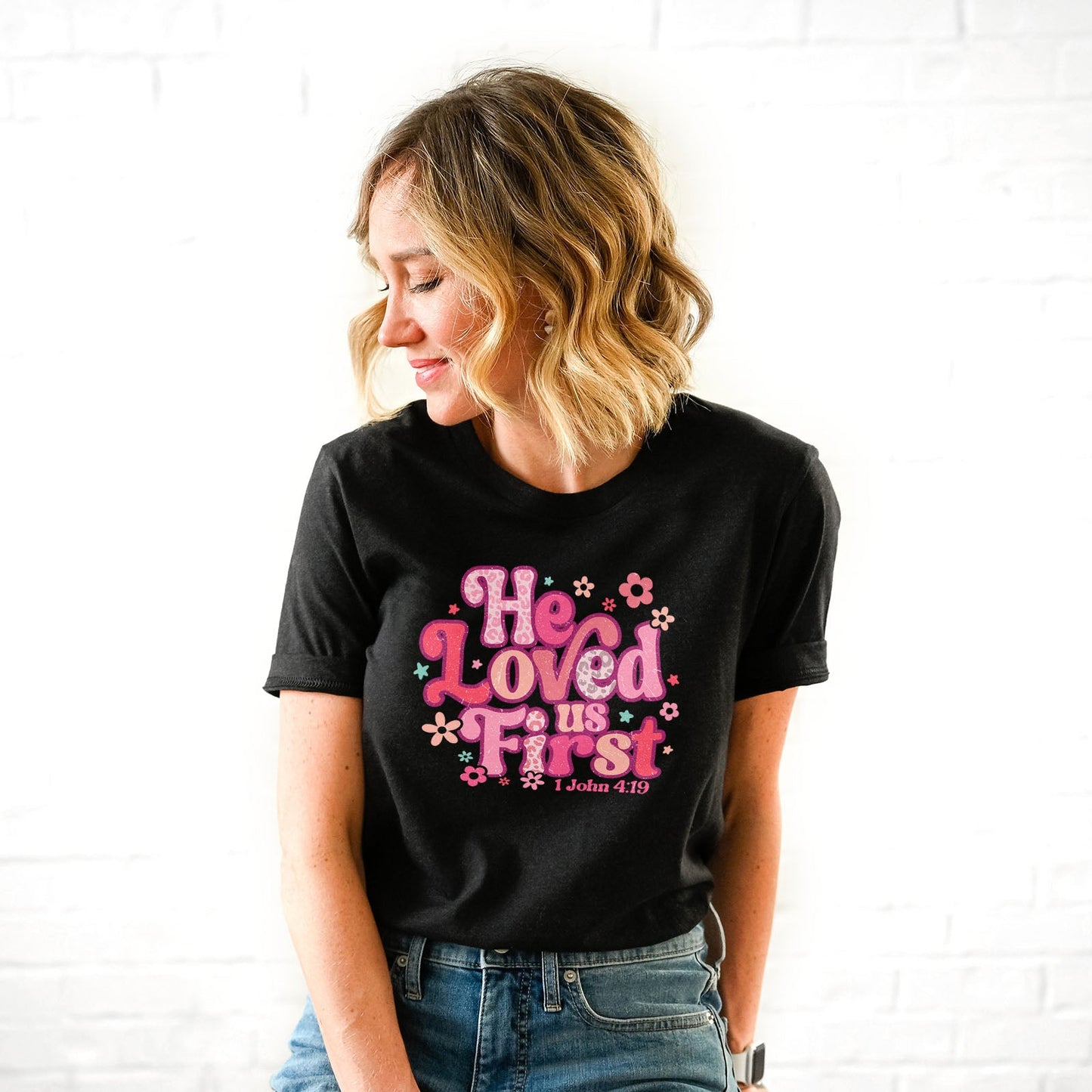 Retro Leopard He Loved Us First Tee Shirts For Women - Christian Shirts for Women - Religious Tee Shirts