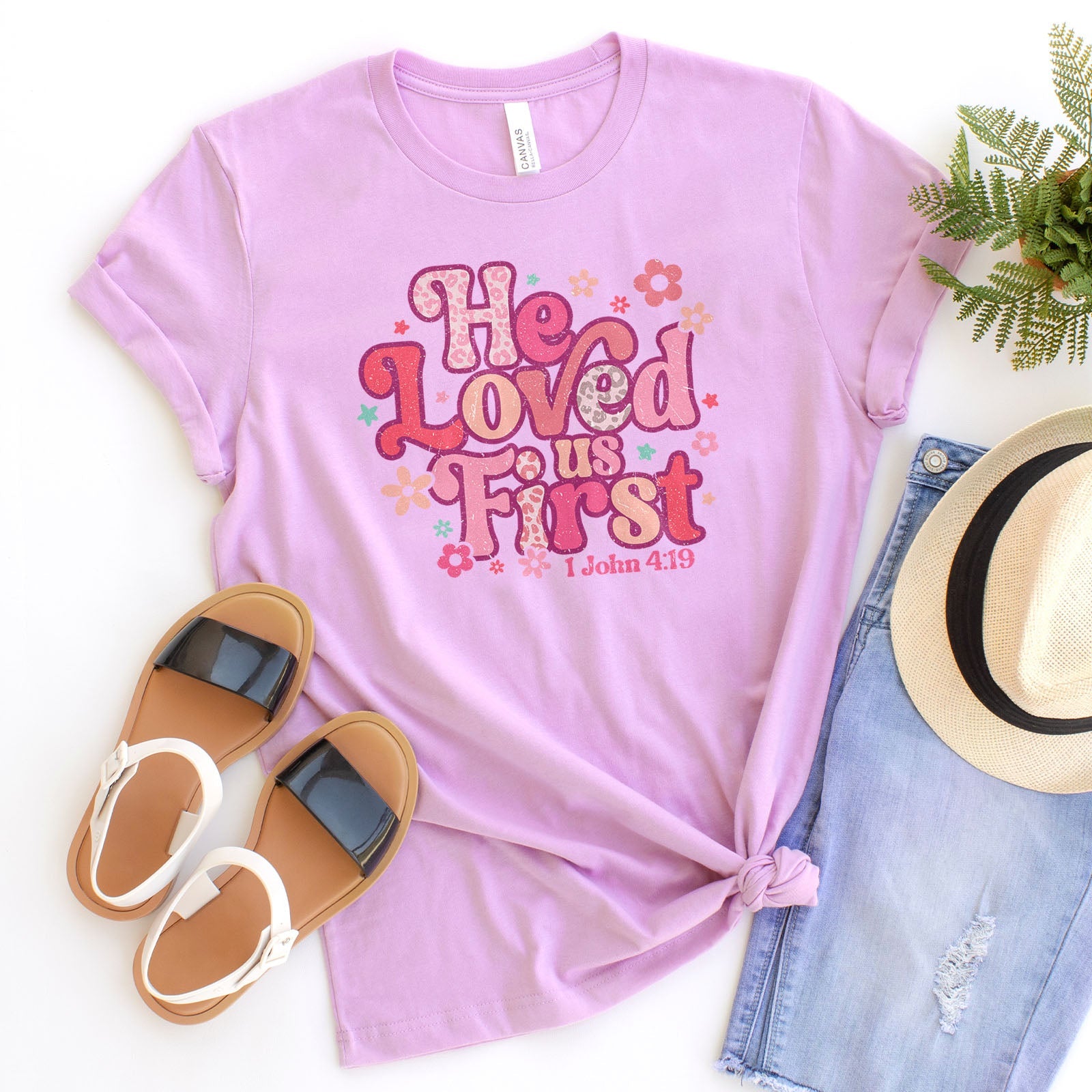 Retro Leopard He Loved Us First Tee Shirts For Women - Christian Shirts for Women - Religious Tee Shirts