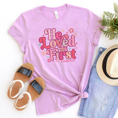 Retro Leopard He Loved Us First Tee Shirts For Women - Christian Shirts for Women - Religious Tee Shirts