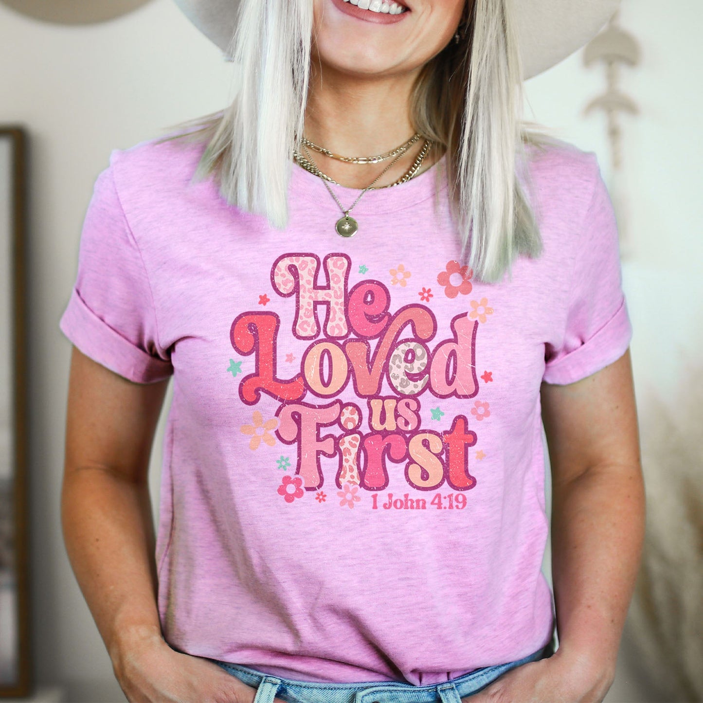 Retro Leopard He Loved Us First Tee Shirts For Women - Christian Shirts for Women - Religious Tee Shirts