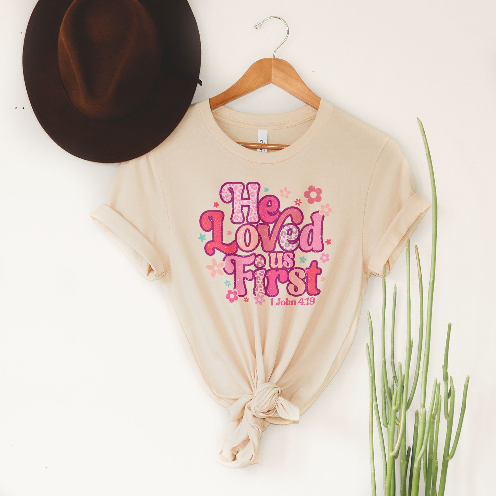 Retro Leopard He Loved Us First Tee Shirts For Women - Christian Shirts for Women - Religious Tee Shirts