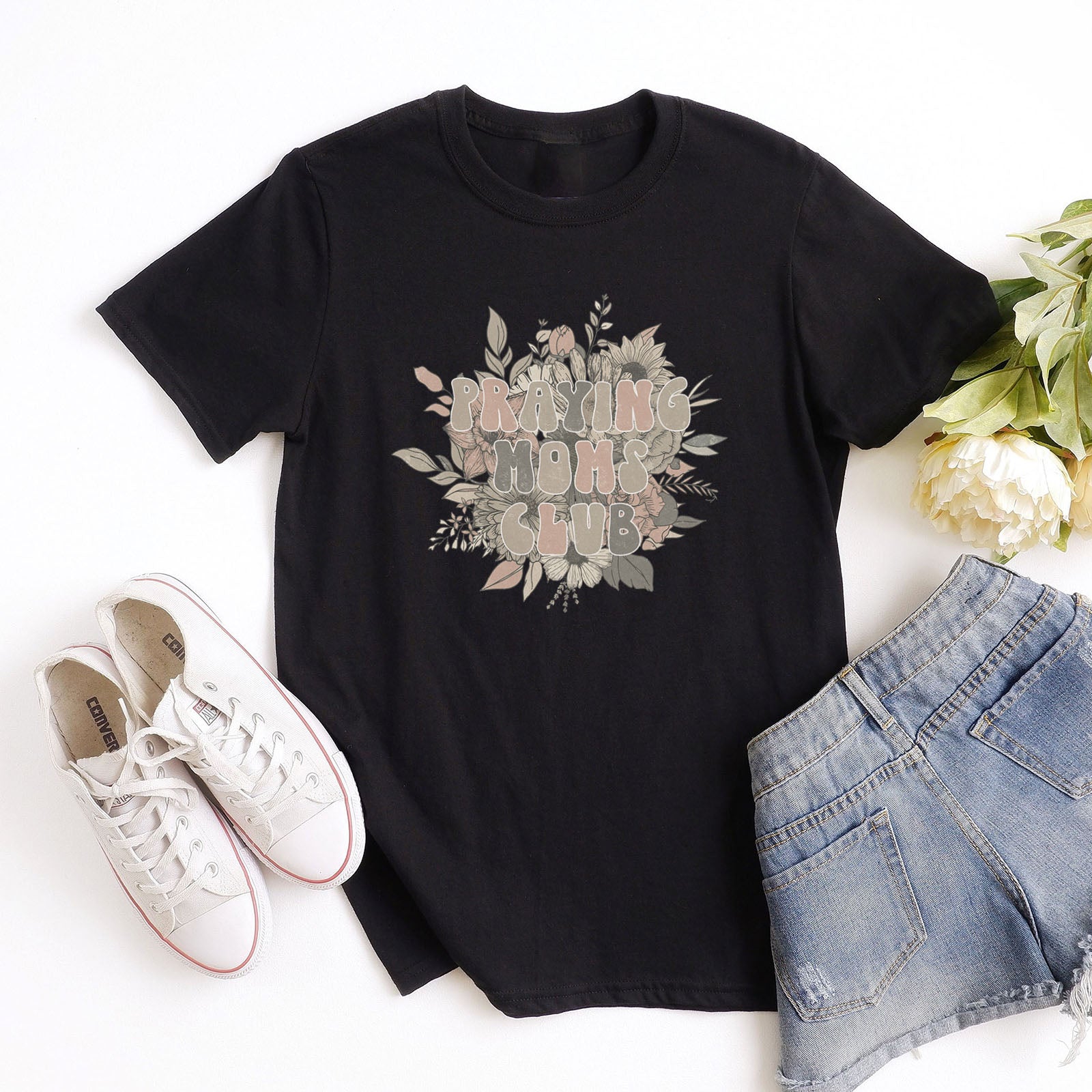 Vintage Praying Moms Club Tee Shirts For Women - Christian Shirts for Women - Religious Tee Shirts