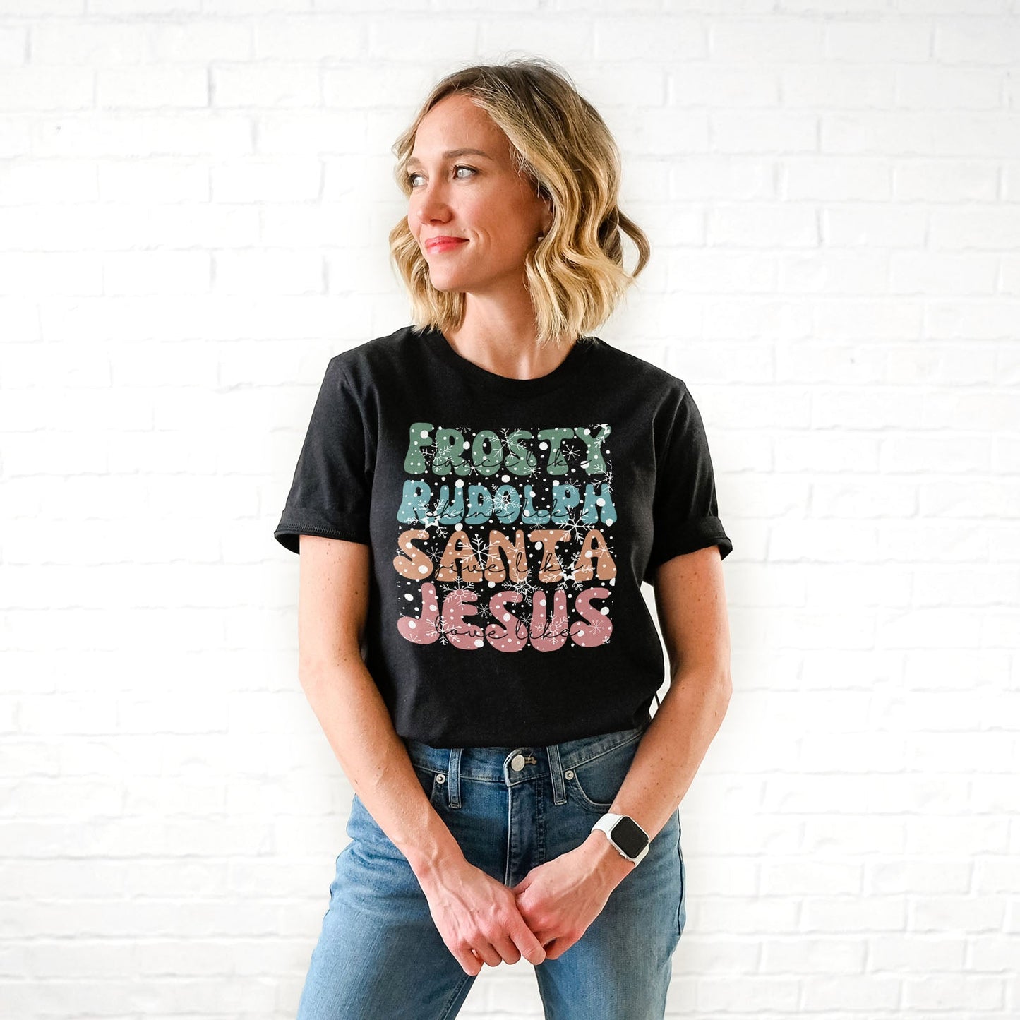 Dance Like Frosty Shine like Rudolph Give like Santa Love Like Jesus Tee Shirts For Women - Christian Shirts for Women 