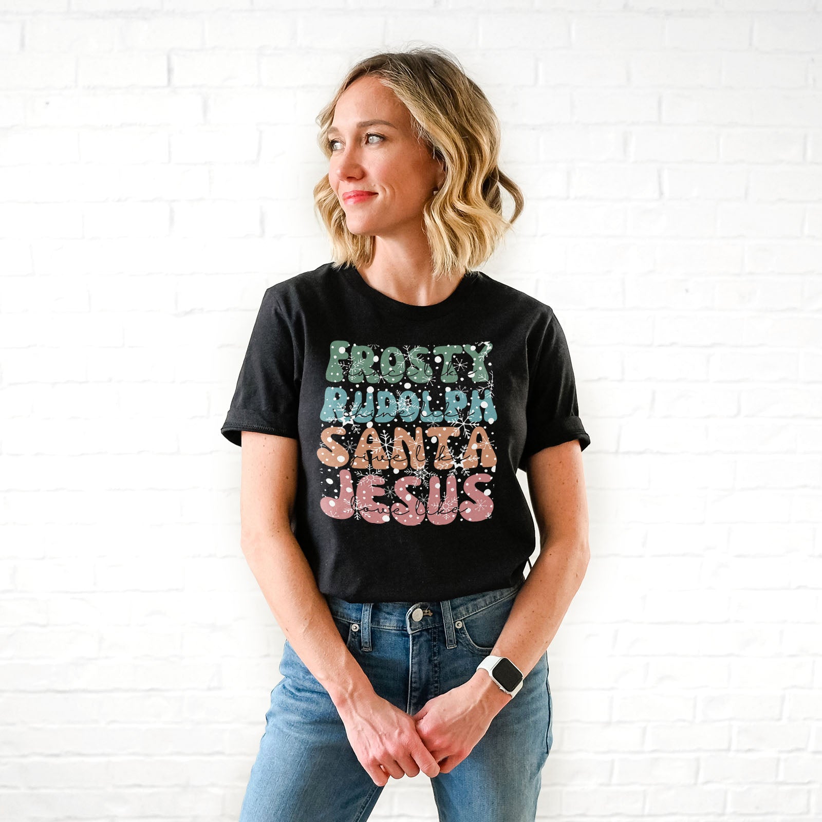 Dance Like Frosty Shine like Rudolph Give like Santa Love Like Jesus Tee Shirts For Women - Christian Shirts for Women 