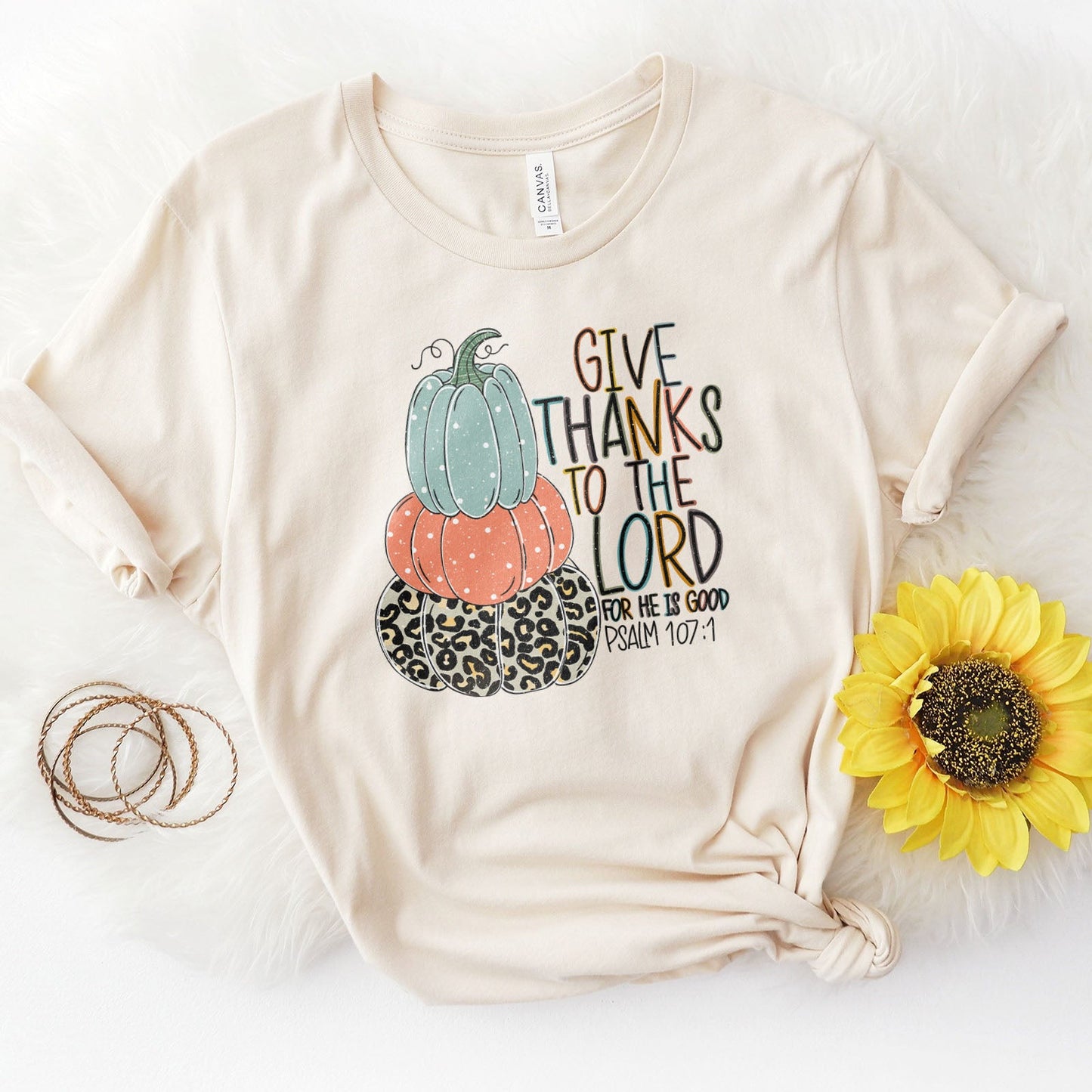 Give Thanks Psalm 107:1 Pumpkin Tee Shirts For Women - Christian Shirts for Women - Religious Tee Shirts