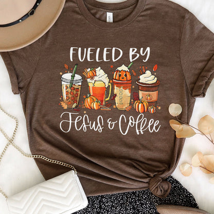 Fueled by Jesus & Coffee Fall Tee Shirts For Women - Christian Shirts for Women - Religious Tee Shirts
