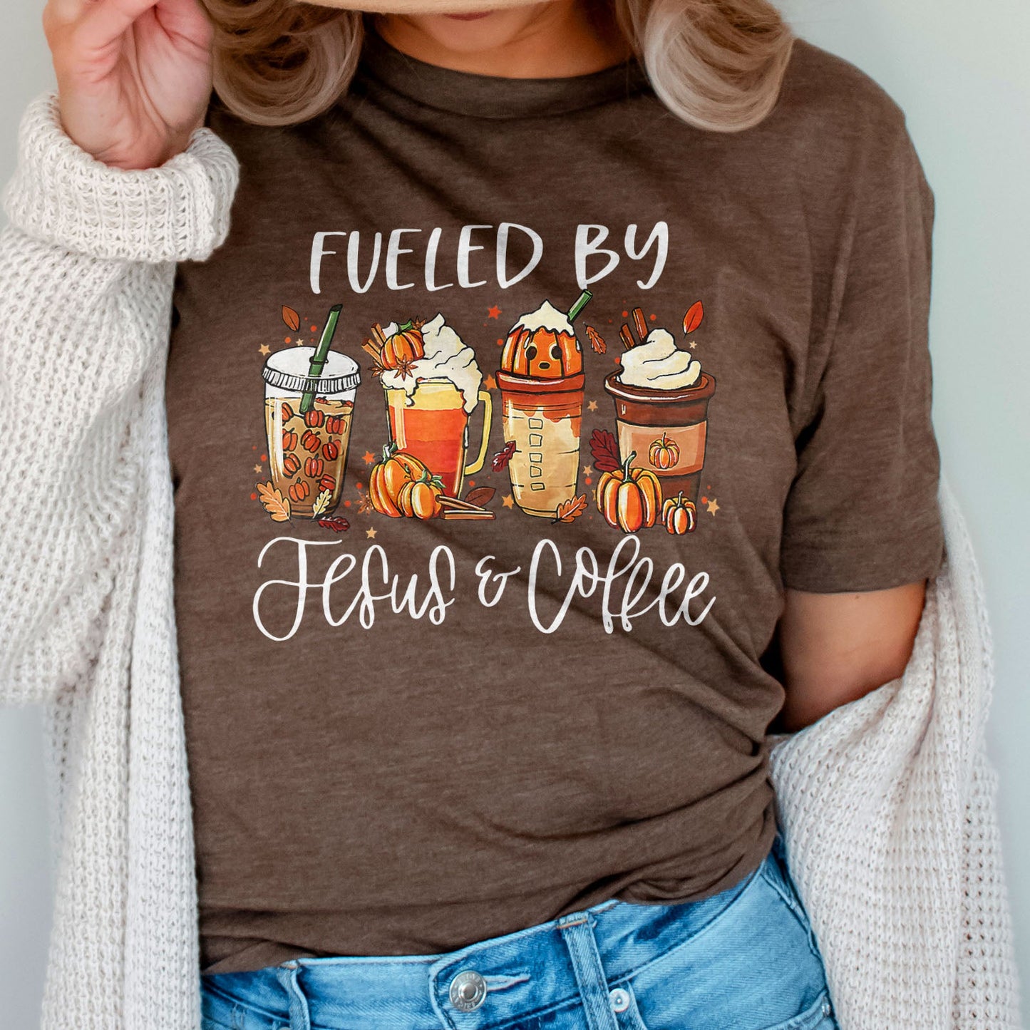 Fueled by Jesus & Coffee Fall Tee Shirts For Women - Christian Shirts for Women - Religious Tee Shirts