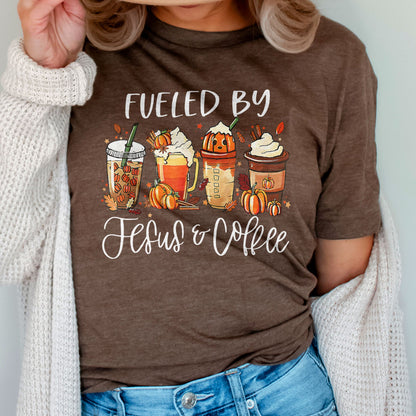 Fueled by Jesus & Coffee Fall Tee Shirts For Women - Christian Shirts for Women - Religious Tee Shirts