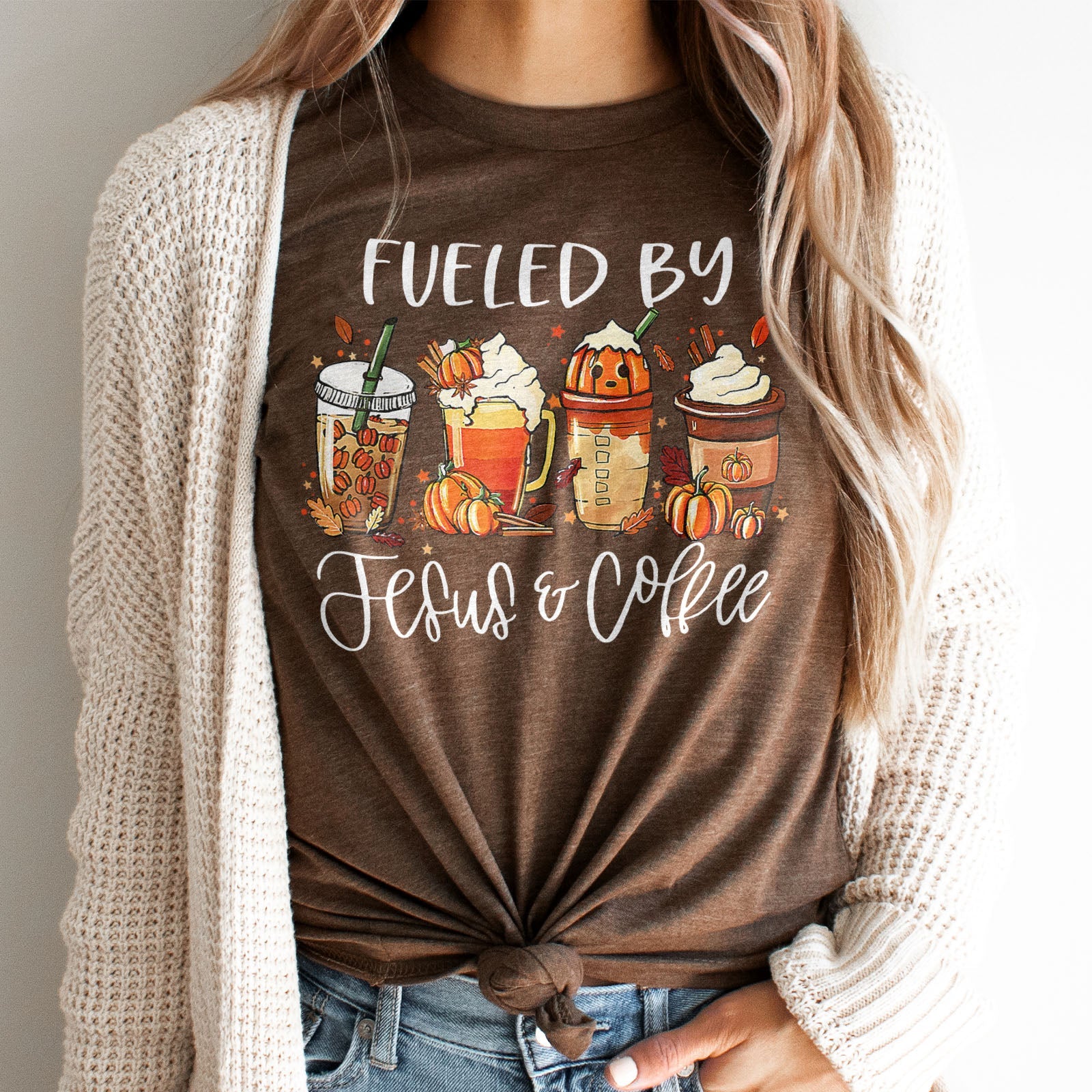 Fueled by Jesus & Coffee Fall Tee Shirts For Women - Christian Shirts for Women - Religious Tee Shirts
