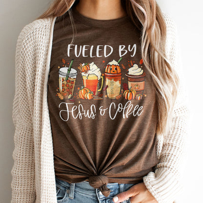 Fueled by Jesus & Coffee Fall Tee Shirts For Women - Christian Shirts for Women - Religious Tee Shirts