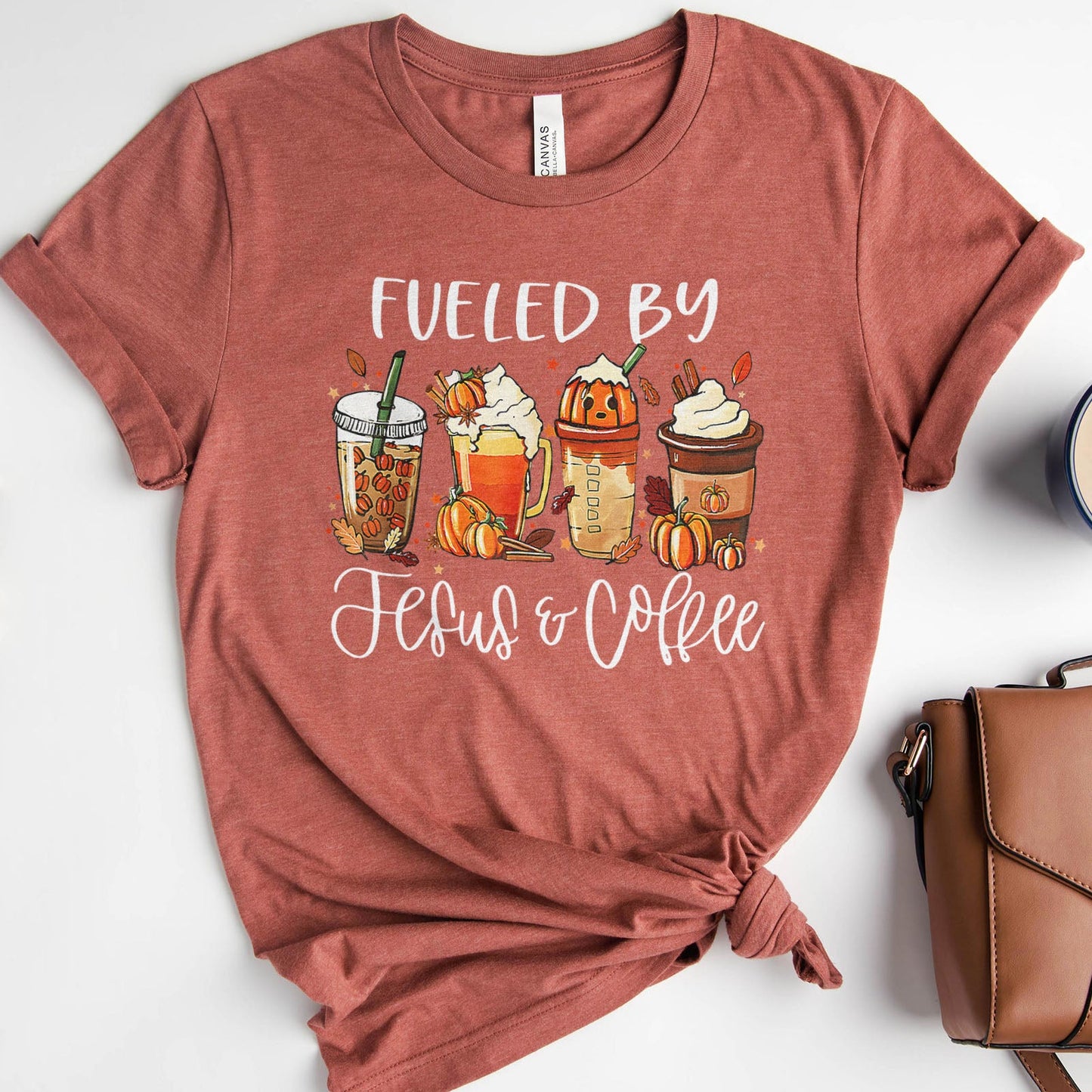 Fueled by Jesus & Coffee Fall Tee Shirts For Women - Christian Shirts for Women - Religious Tee Shirts