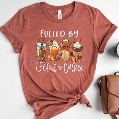 Fueled by Jesus & Coffee Fall Tee Shirts For Women - Christian Shirts for Women - Religious Tee Shirts