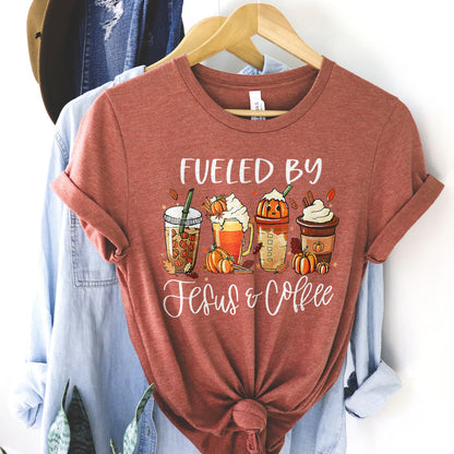 Fueled by Jesus & Coffee Fall Tee Shirts For Women - Christian Shirts for Women - Religious Tee Shirts