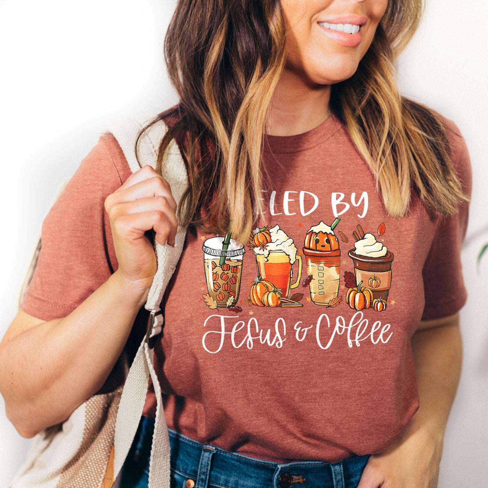 Fueled by Jesus & Coffee Fall Tee Shirts For Women - Christian Shirts for Women - Religious Tee Shirts