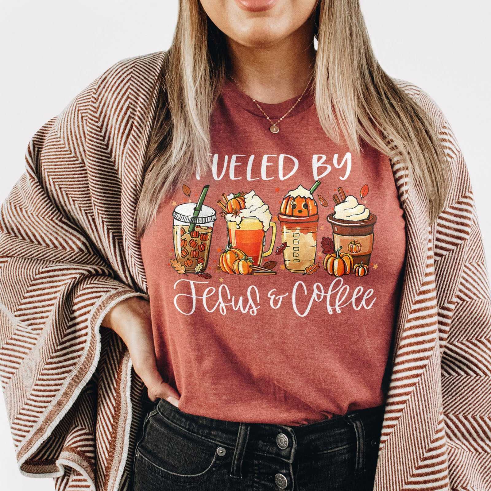 Fueled by Jesus & Coffee Fall Tee Shirts For Women - Christian Shirts for Women - Religious Tee Shirts