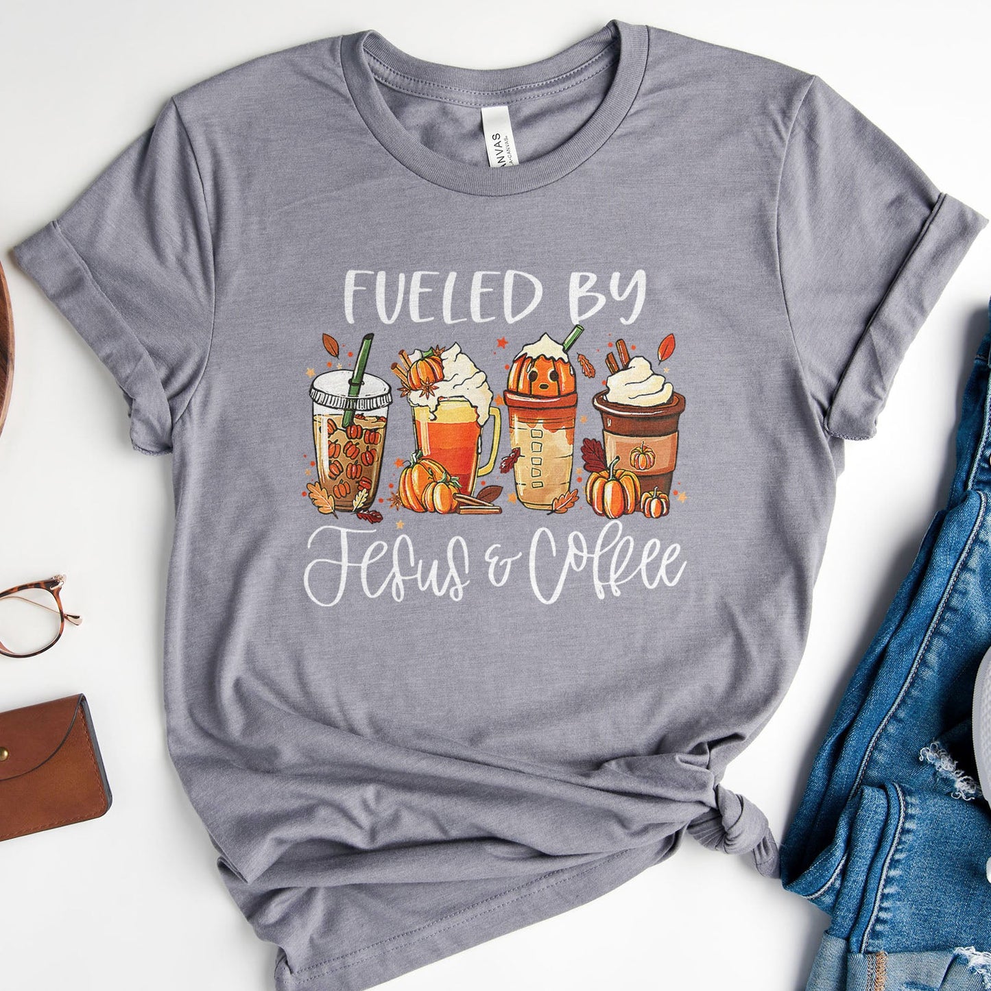 Fueled by Jesus & Coffee Fall Tee Shirts For Women - Christian Shirts for Women - Religious Tee Shirts
