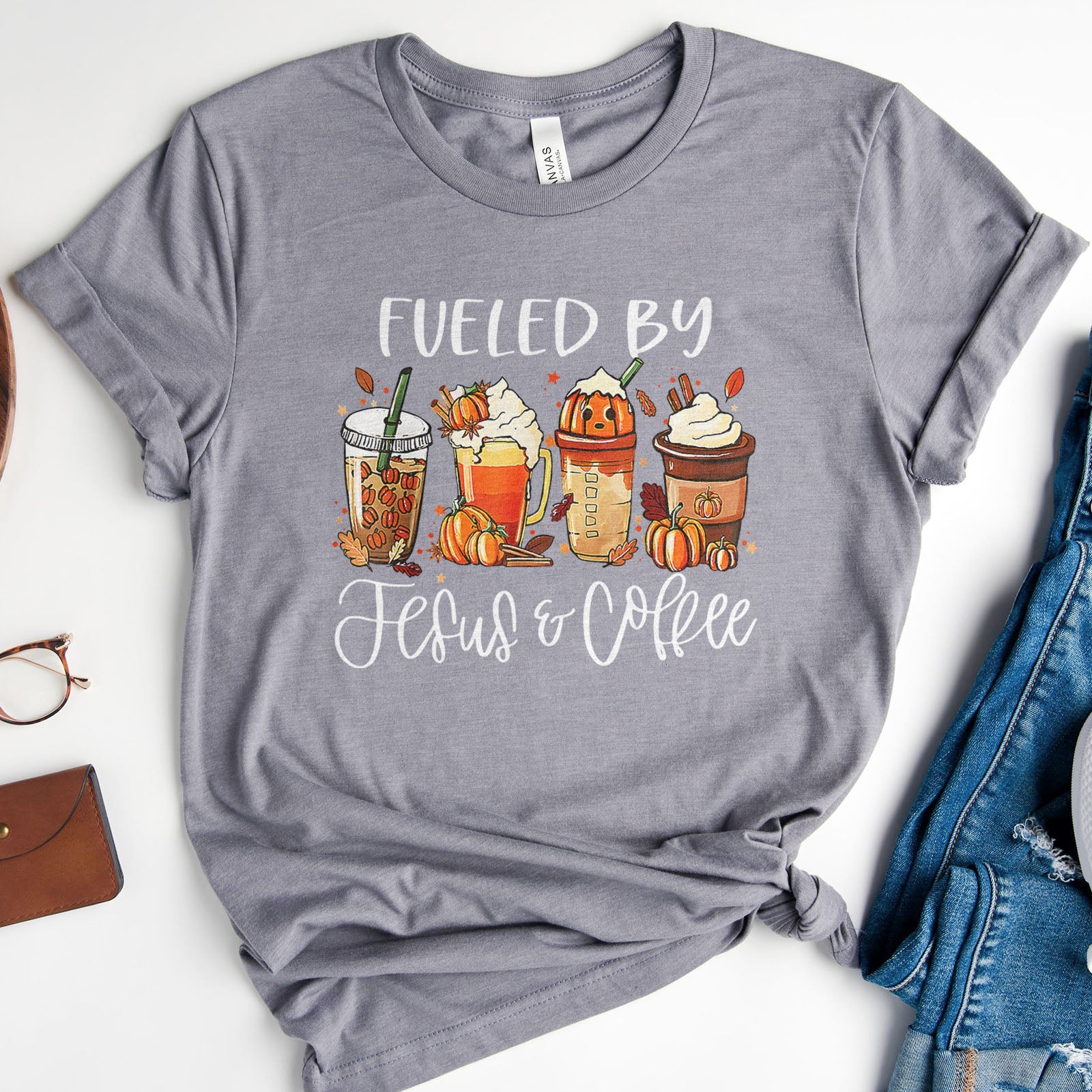 Fueled by Jesus & Coffee Fall Tee Shirts For Women - Christian Shirts for Women - Religious Tee Shirts