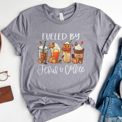 Fueled by Jesus & Coffee Fall Tee Shirts For Women - Christian Shirts for Women - Religious Tee Shirts