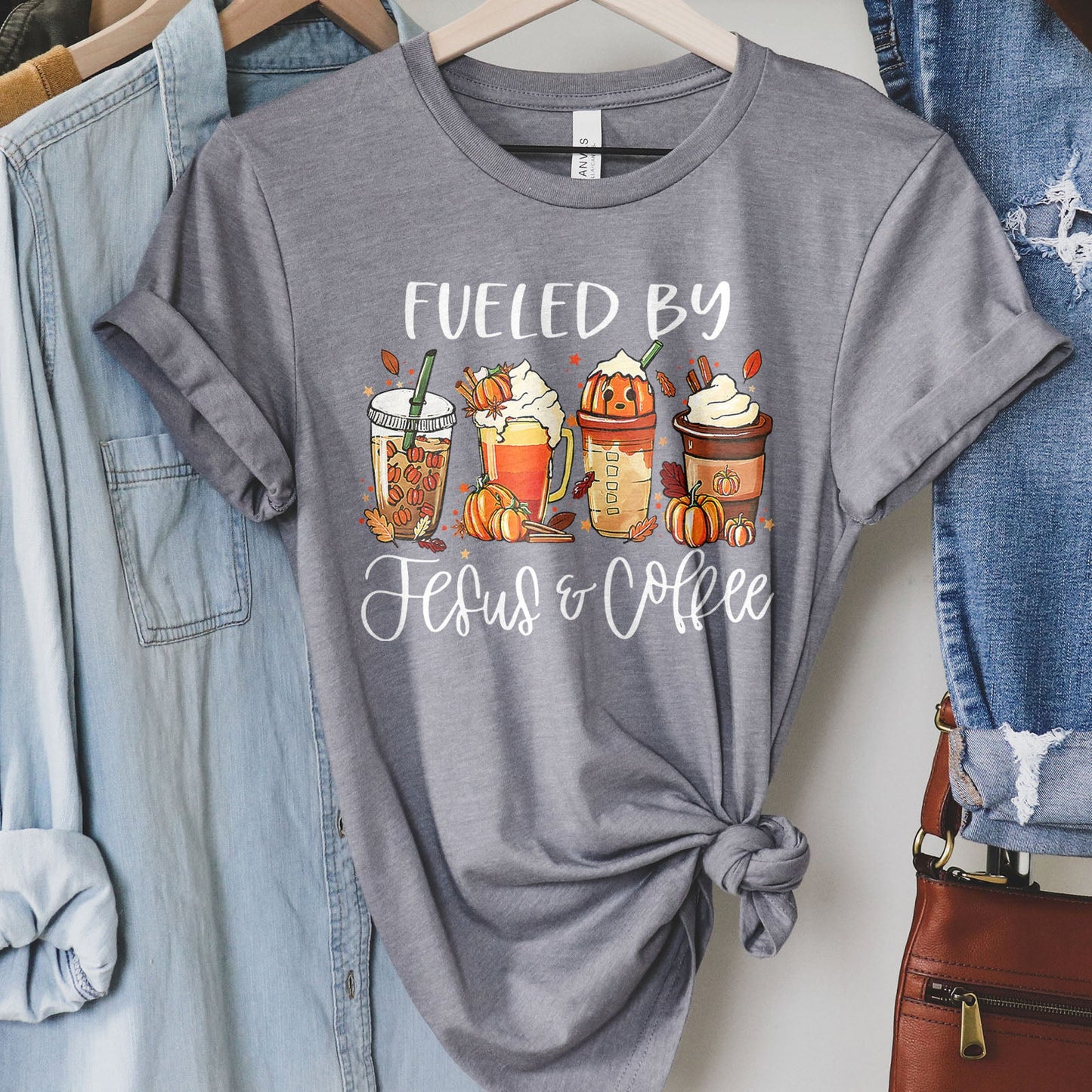 Fueled by Jesus & Coffee Fall Tee Shirts For Women - Christian Shirts for Women - Religious Tee Shirts