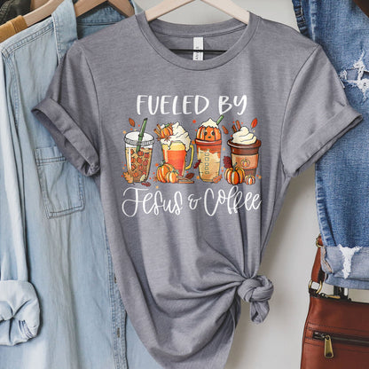 Fueled by Jesus & Coffee Fall Tee Shirts For Women - Christian Shirts for Women - Religious Tee Shirts