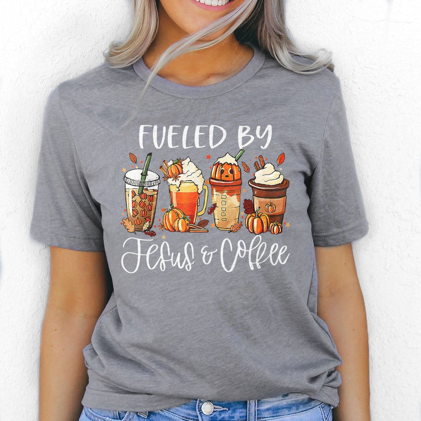 Fueled by Jesus & Coffee Fall Tee Shirts For Women - Christian Shirts for Women - Religious Tee Shirts