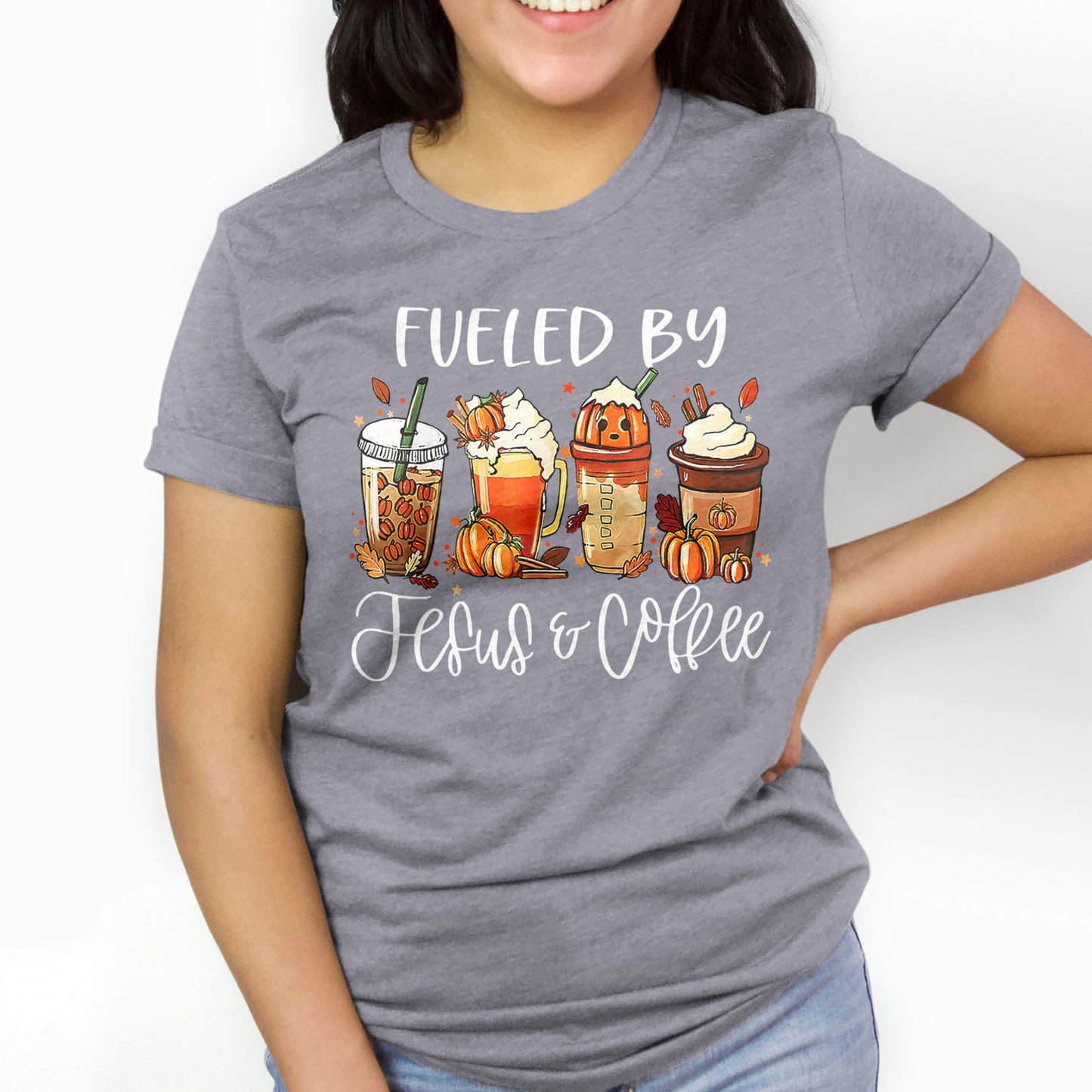 Fueled by Jesus & Coffee Fall Tee Shirts For Women - Christian Shirts for Women - Religious Tee Shirts