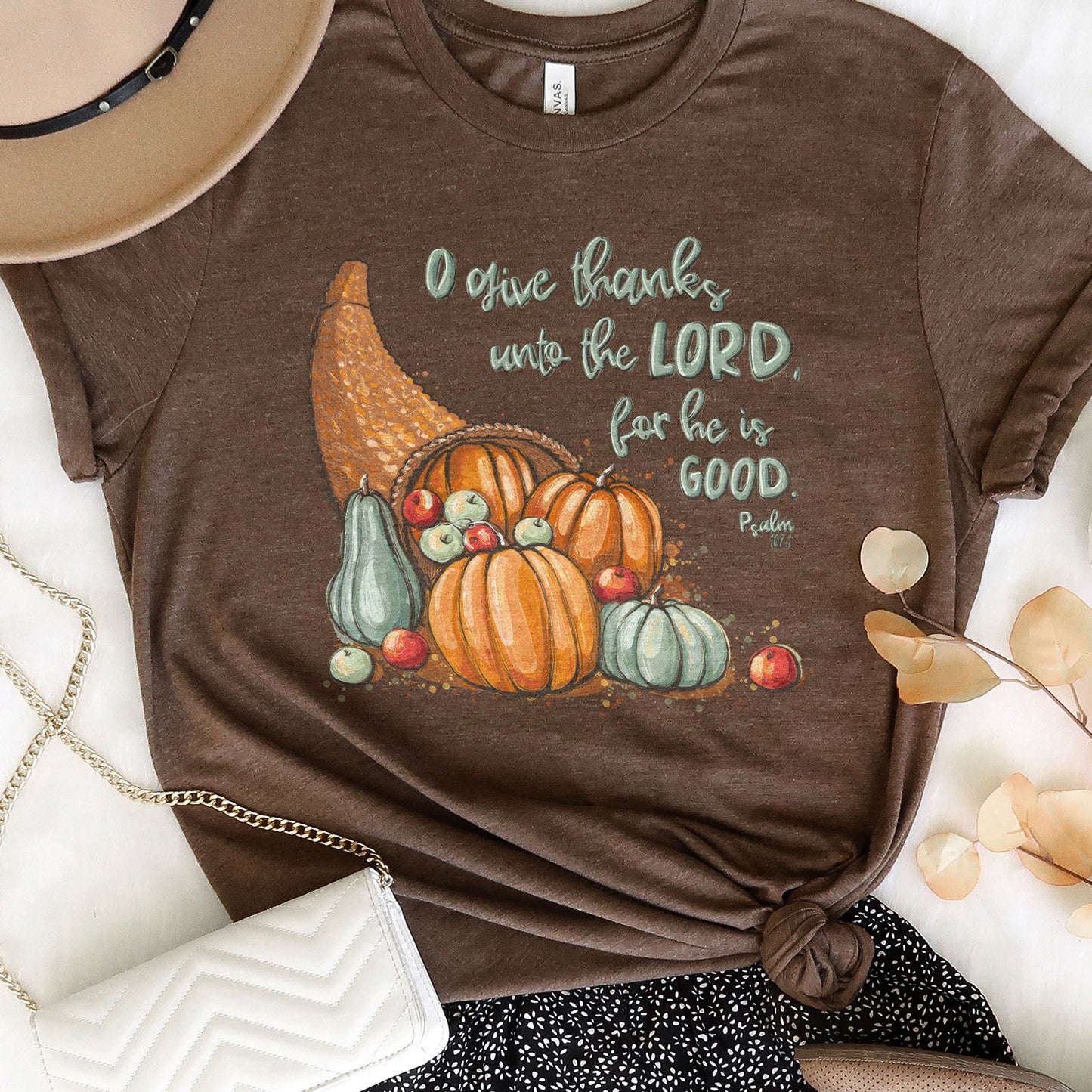 Give thanks to the Lord Psalm 107:1 Fall Tee Shirts For Women - Christian Shirts for Women - Religious Tee Shirts