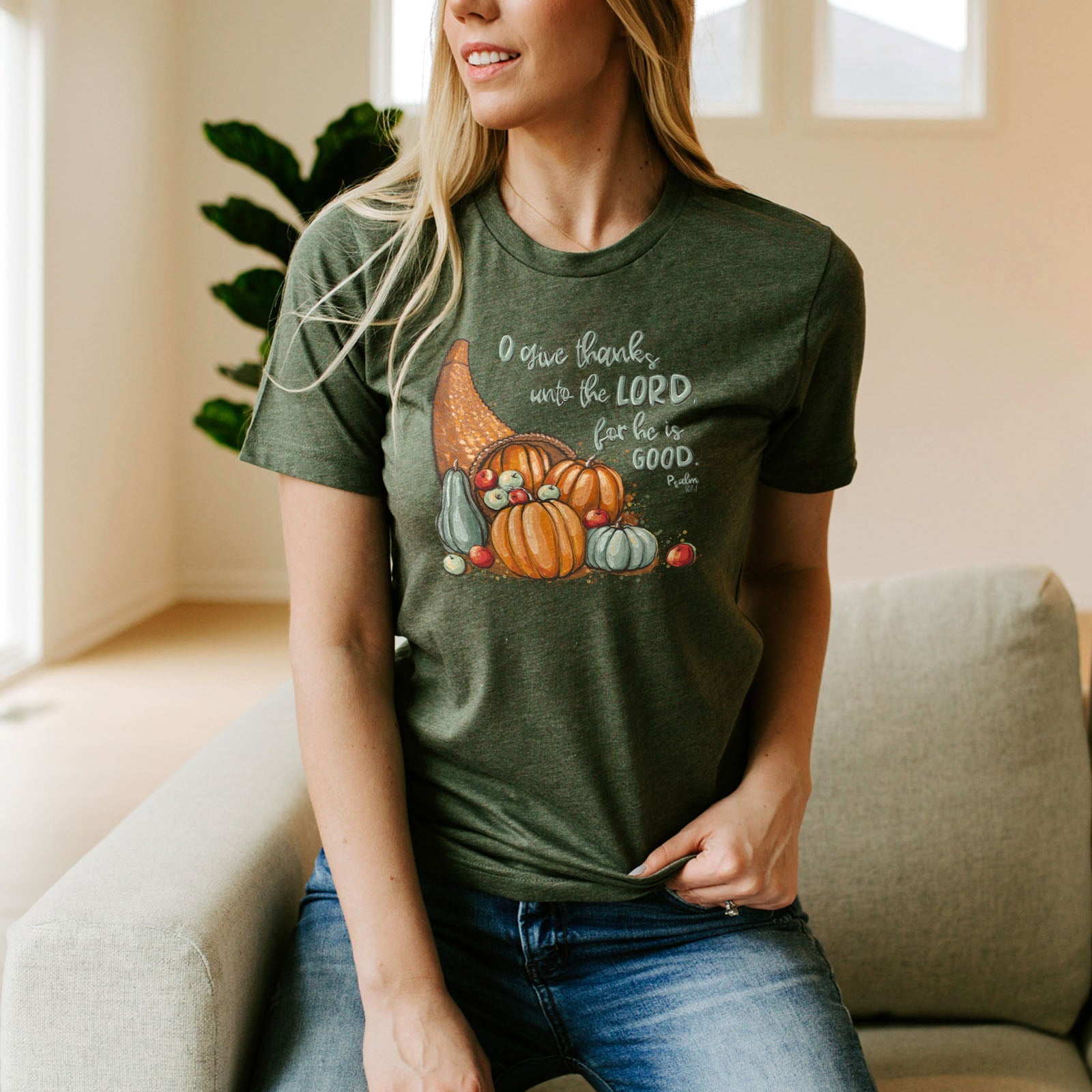 Give thanks to the Lord Psalm 107:1 Fall Tee Shirts For Women - Christian Shirts for Women - Religious Tee Shirts