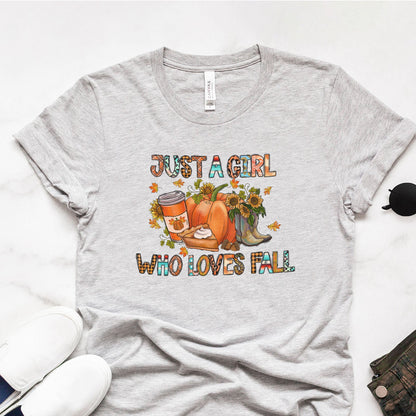 Just a Girl Who Loves Fall Block Tee Shirts For Women - Christian Shirts for Women - Religious Tee Shirts