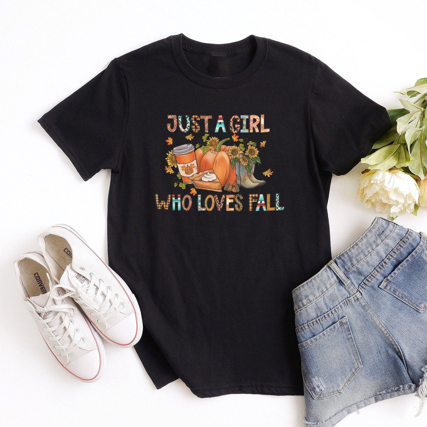 Just a Girl Who Loves Fall Block Tee Shirts For Women - Christian Shirts for Women - Religious Tee Shirts