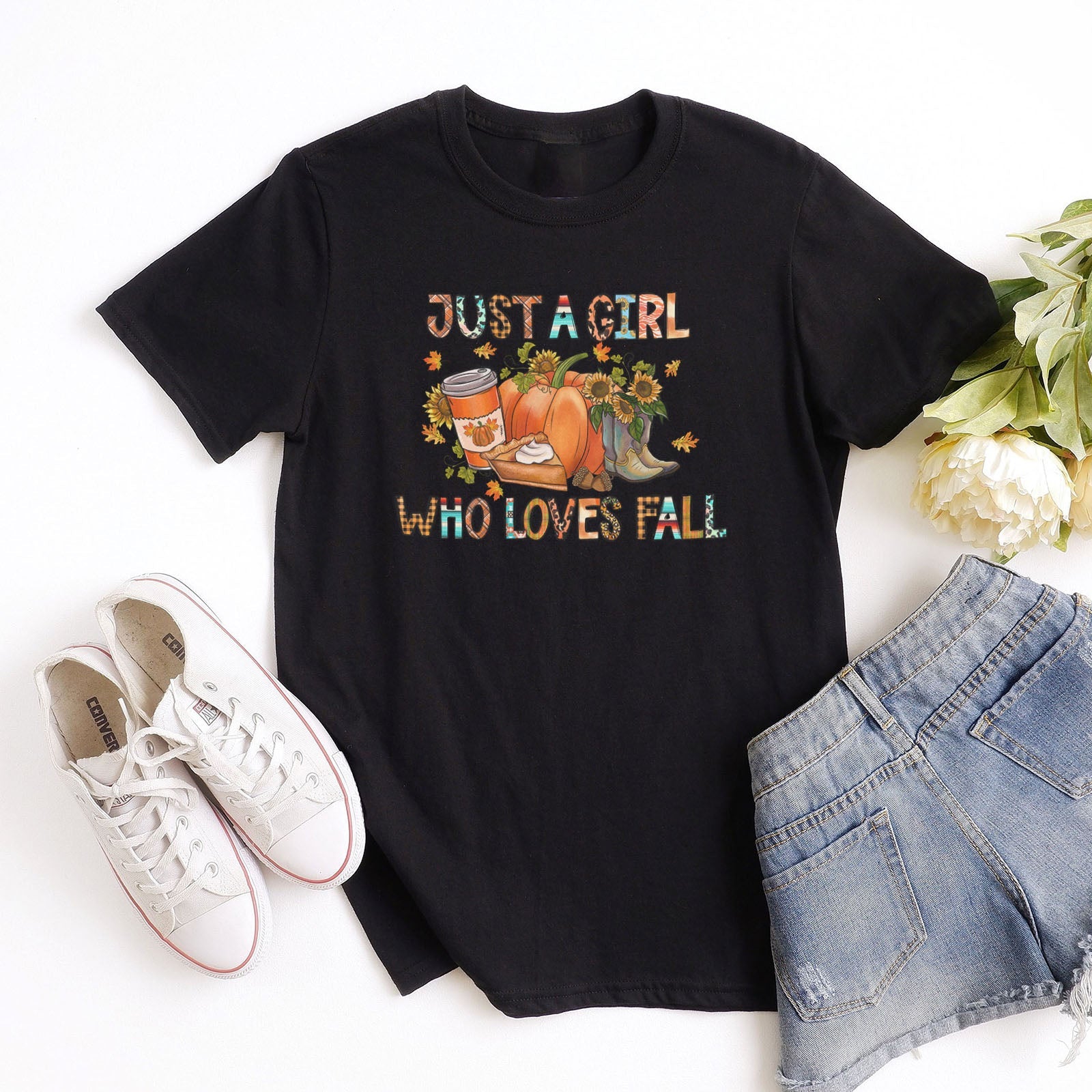 Just a Girl Who Loves Fall Block Tee Shirts For Women - Christian Shirts for Women - Religious Tee Shirts