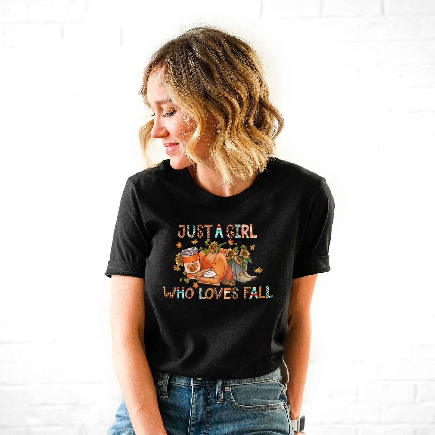 Just a Girl Who Loves Fall Block Tee Shirts For Women - Christian Shirts for Women - Religious Tee Shirts