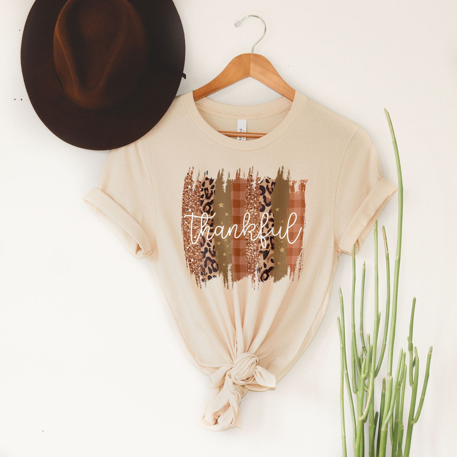Leopard & Glitter Thankful Tee Shirts For Women - Christian Shirts for Women - Religious Tee Shirts