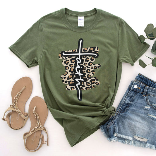 Faith Cross Leopard Tee Shirts For Women - Christian Shirts for Women - Religious Tee Shirts