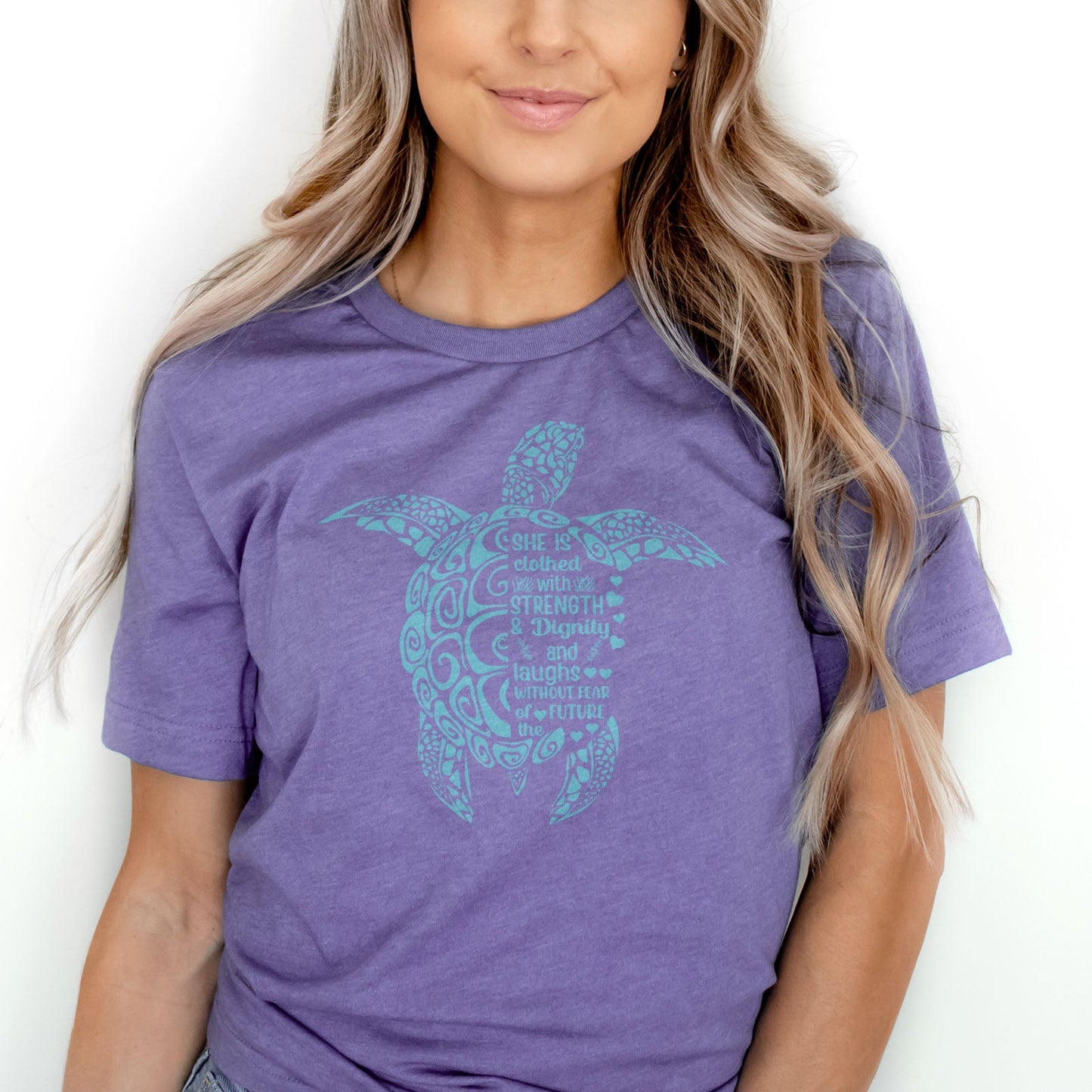 She is Clothed in Strength And Dignity Sea Turtle Blue Tee Shirts For Women - Christian Shirts for Women - Religious Tee Shirts