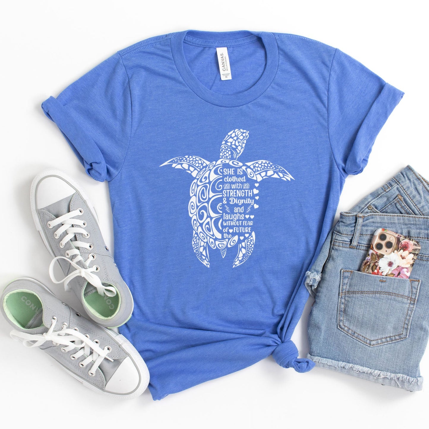 She is Clothed in Strength And Dignity Sea Turtle White Tee Shirts For Women - Christian Shirts for Women - Religious Tee Shirts